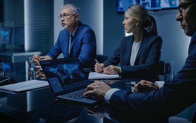 Business professionals collaborating in a meeting room, focused on their laptops and discussing ideas.