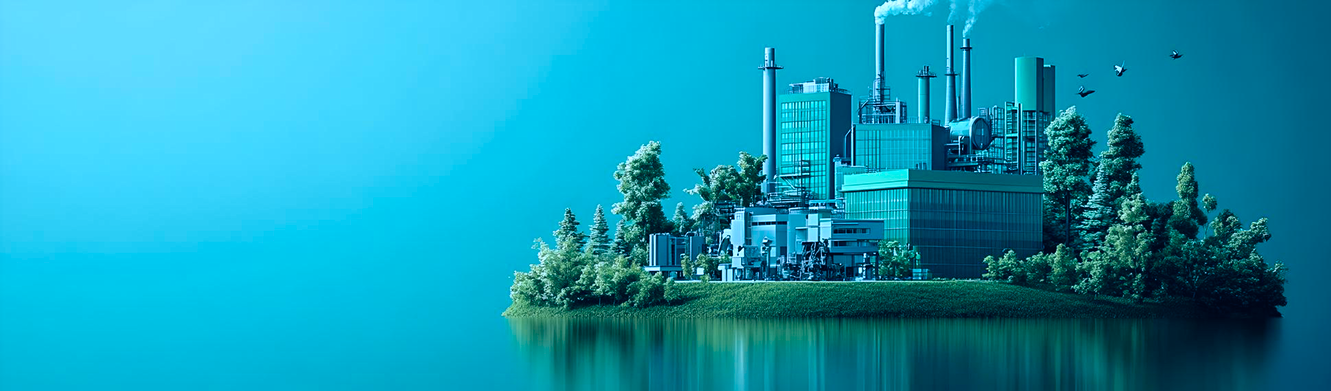 A green island featuring a mix of factories and trees, showcasing industrial and natural elements in harmony.