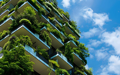 A building covered in lush green plants climbing its exterior walls, showcasing a blend of nature and architecture.