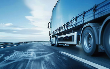 A truck driving on a highway, captured in a slightly blurred image, suggesting motion and speed.