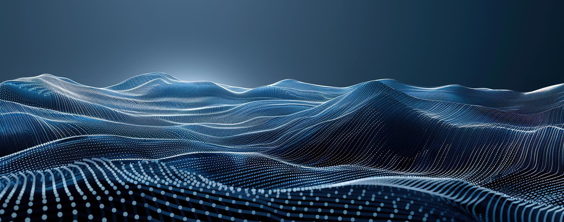 Artistic 3D depiction of a mountain range, complemented by flowing waves, creating a dynamic landscape scene.