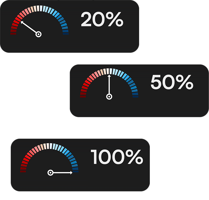 Three distinct gauges displayed on a black background, showcasing different measurements and designs.