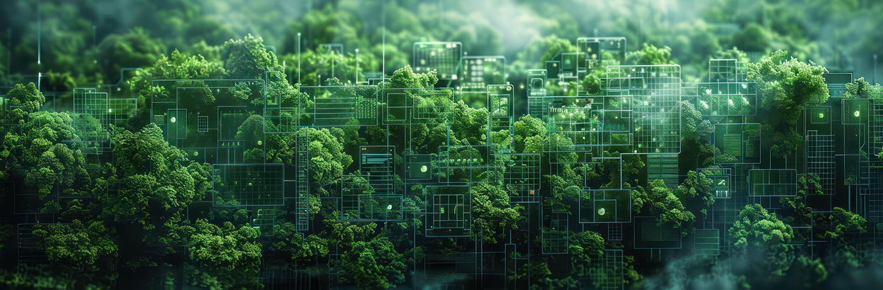 Digital forest cityscape blending trees and geometric structures, bathed in green light, creating a futuristic, eco-friendly urban environment.