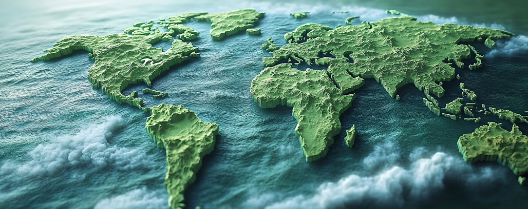 World map displayed in green and blue colors, highlighting geographical features and continents.