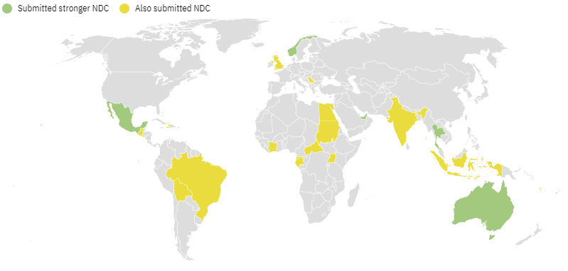 Just 28 countries updated their Nationally Determined Contributions (NDCs) ahead of COP27. Map: Countries that produced new NDCs ahead of COP27, as of 8 Nov 2022,  (Source Climate Action Tracker).