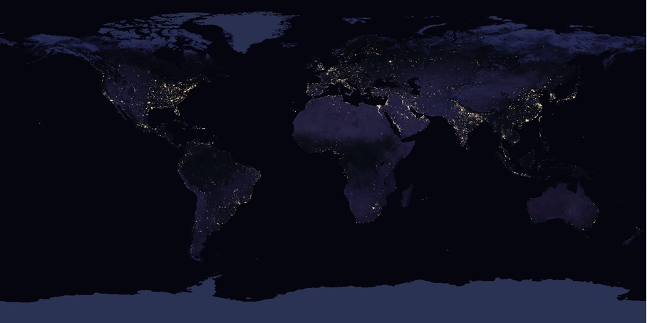 Figure 8: Night lights illustrating the concentration of economic activity on Earth. Image source: https://earthobservatory.nasa.gov/images/90008/night-light-maps-open-up-new-applications)