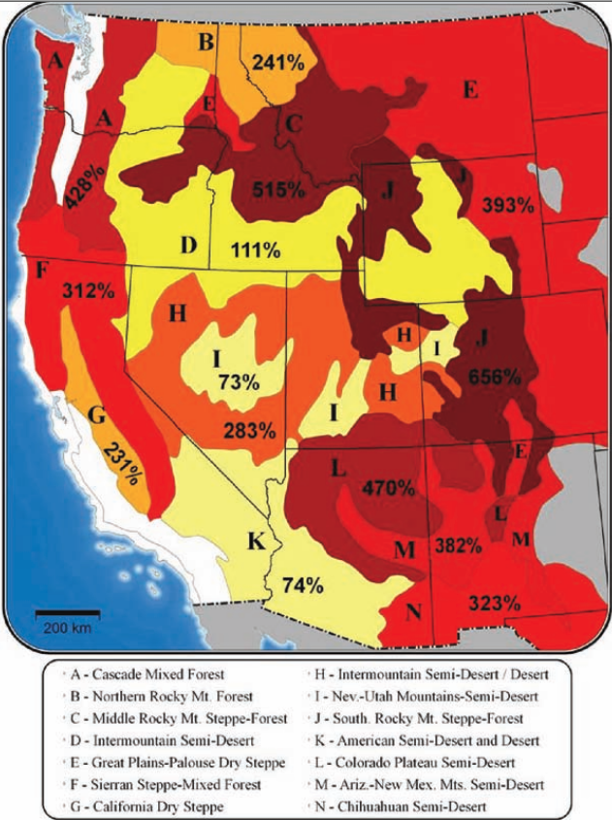 Figure 1: increase in annual area likely to be burned across the Western U.S. per 1°C of temperature change