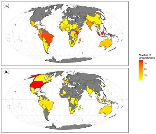Figure.1 Heat map (a) that shows where planting tree project takes places and (b) Headquarter locations of the organization responsible by Martin et al.