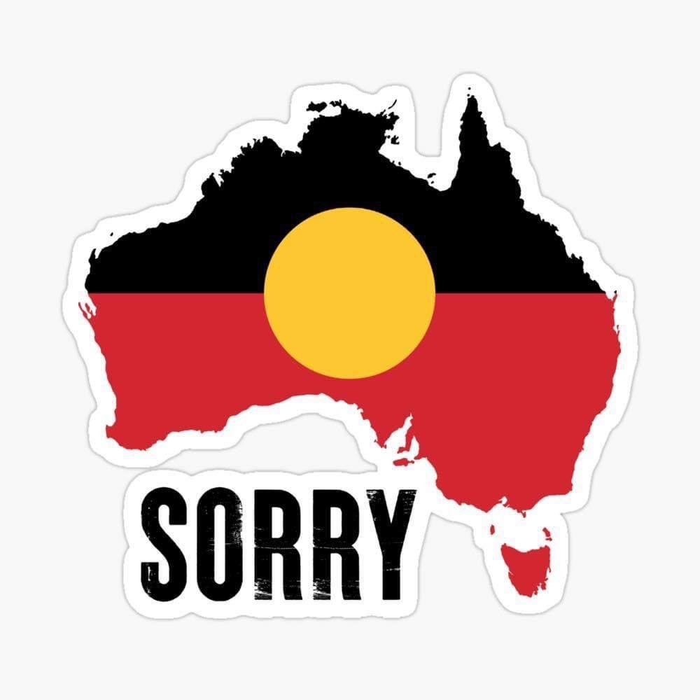 Indigenous Australia flag on map of Australia with the word ‘sorry’ written on it
