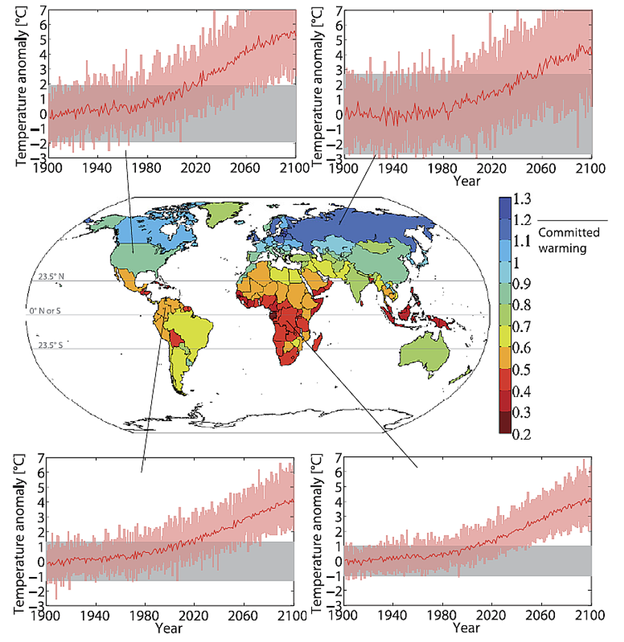The expected year when the excess of observed climate anomalies becomes apparent
