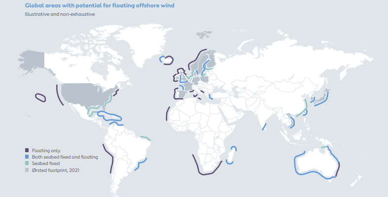 Figure 2: Orsted Map of Global areas for floating offshore wind exploitation  CITATION OrstedWP \l 2057 (12).