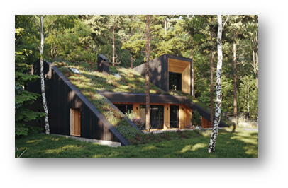 Figure 2: A bioclimatic house, surrounded by forestation and natural green.