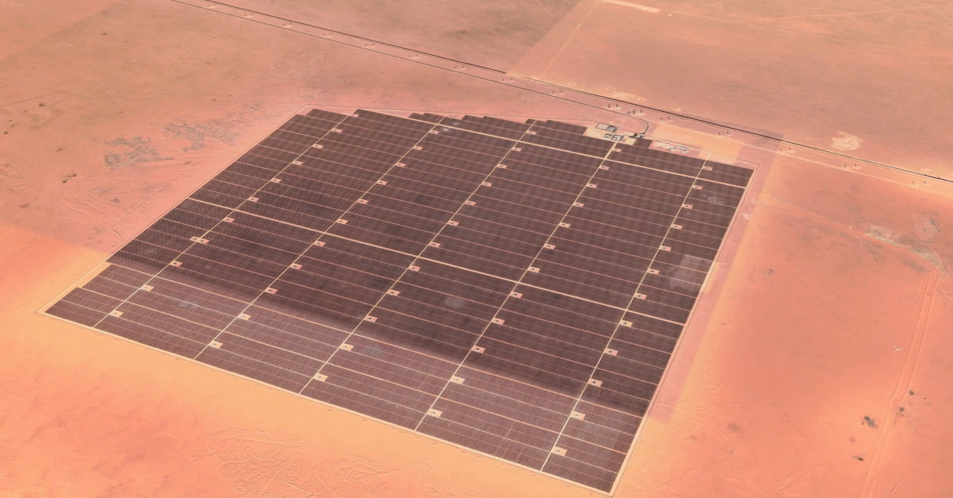 Figure 5: Google Earth image of the Sakaka Solar PV plant in Saudi Arabia (c) Google Earth, Current Installed Capacity: 300 MW, Location: Sakaka City in Al Jouf Province, KSA, Commissioning: ACWA Power (70%) and AlGihaz Renewable Energy Company (30%), Opening Date: April 2021
