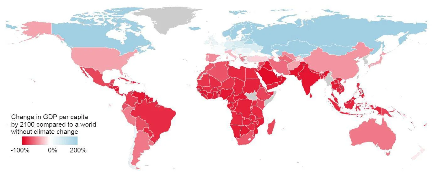Map of the impact of climate change on GDP per capita (graphical addition by illuminem editorial team)