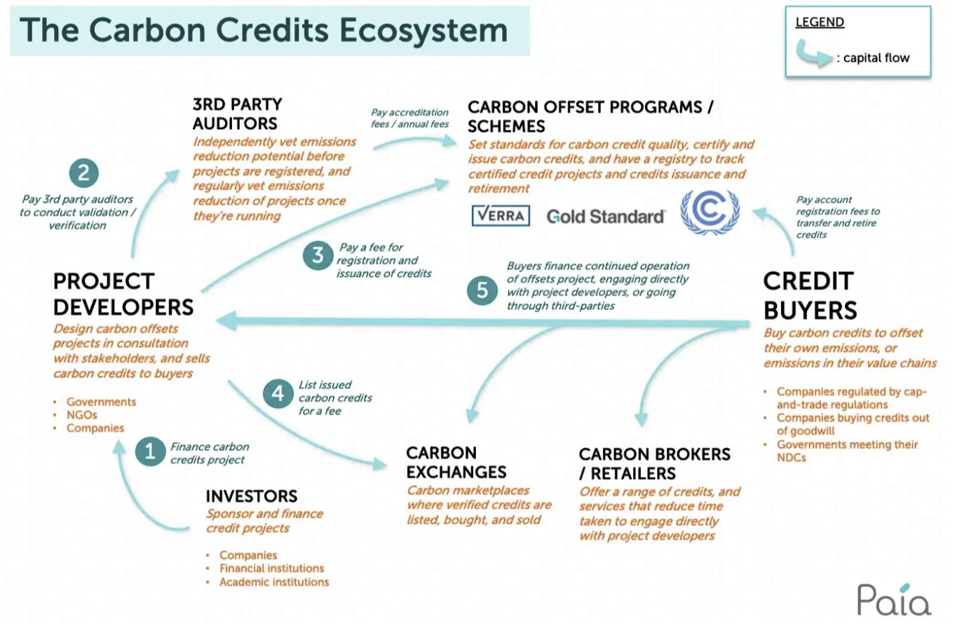 Figure 1: The Carbon Credits Ecosystem illustrated, Source Paia(https://paiaconsulting.com.sg/carbon-offsets-and-credits-explained/).