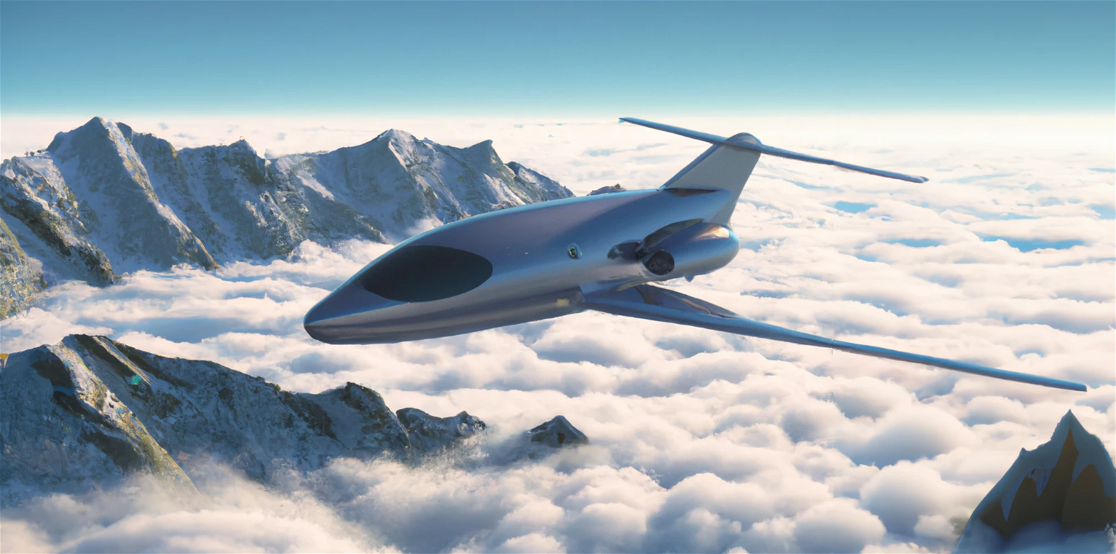Figure 1: DALL·E generated image of a futuristic electric passenger airplane flying above white clouds and mountains, digital art