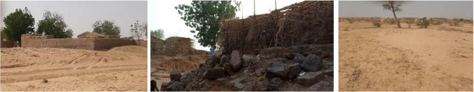 Figure 2: Left: Abandoned village desertification, Middle: Gully build by flash floods in village, Right: Degraded soils prone to desertification (SFPD: Kebbi & Sokoto)