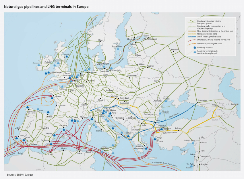 Figure 1: Natural gas pipelines and LNG Terminal in Europe. Sources: BDEW, Eurogas (graphical addition by illuminem editorial team)