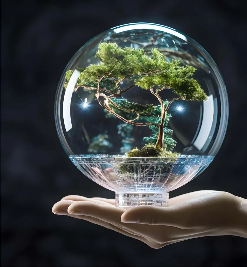 A hand gently cradles a glass ball containing a miniature tree, symbolizing nature and fragility within a transparent sphere